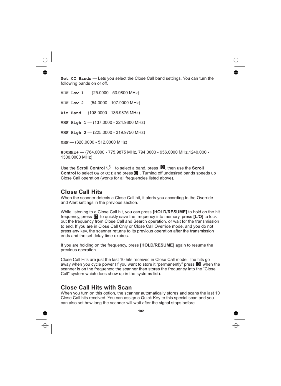 Close call hits close call hits with scan | Uniden UBCD996T User Manual | Page 102 / 176