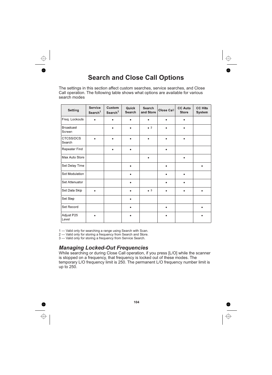 Search and close call options, Managing locked-out frequencies | Uniden UBCD996T User Manual | Page 104 / 176