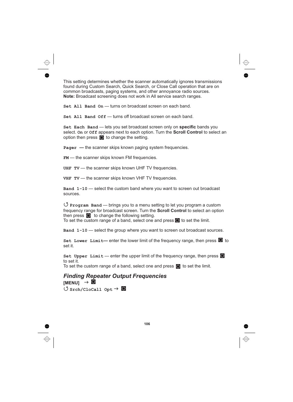 Qg q g finding repeater output frequencies | Uniden UBCD996T User Manual | Page 106 / 176