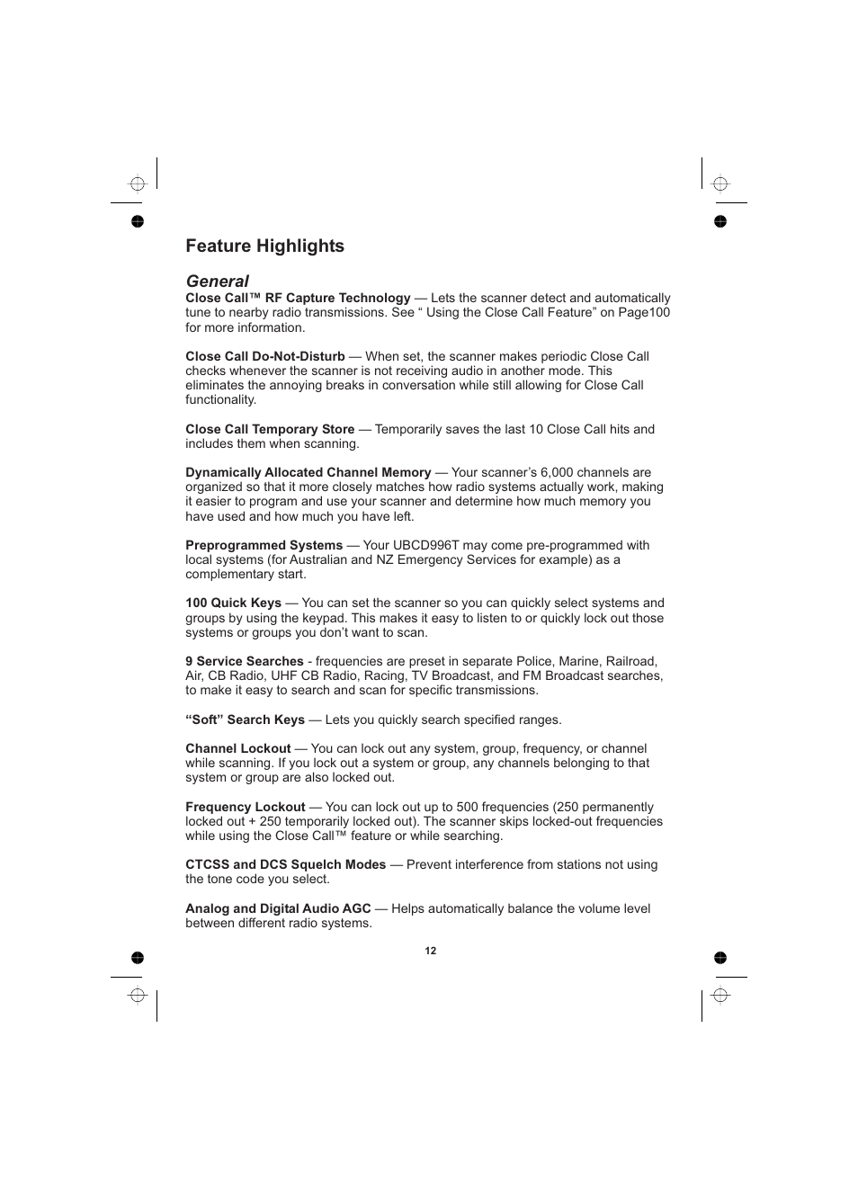 Feature highlights, General | Uniden UBCD996T User Manual | Page 12 / 176