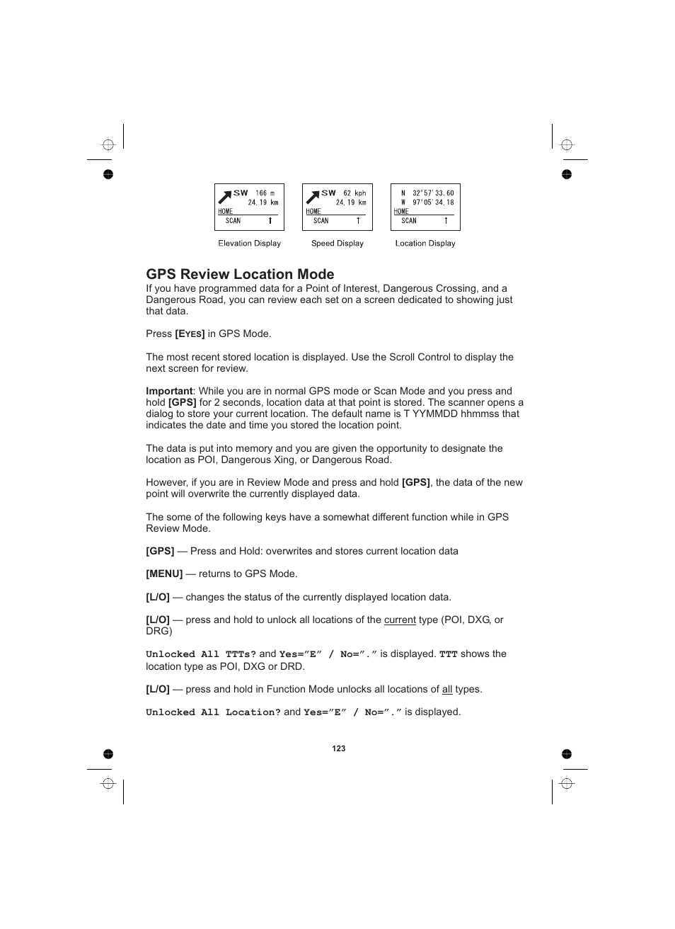 Gps review location mode | Uniden UBCD996T User Manual | Page 123 / 176