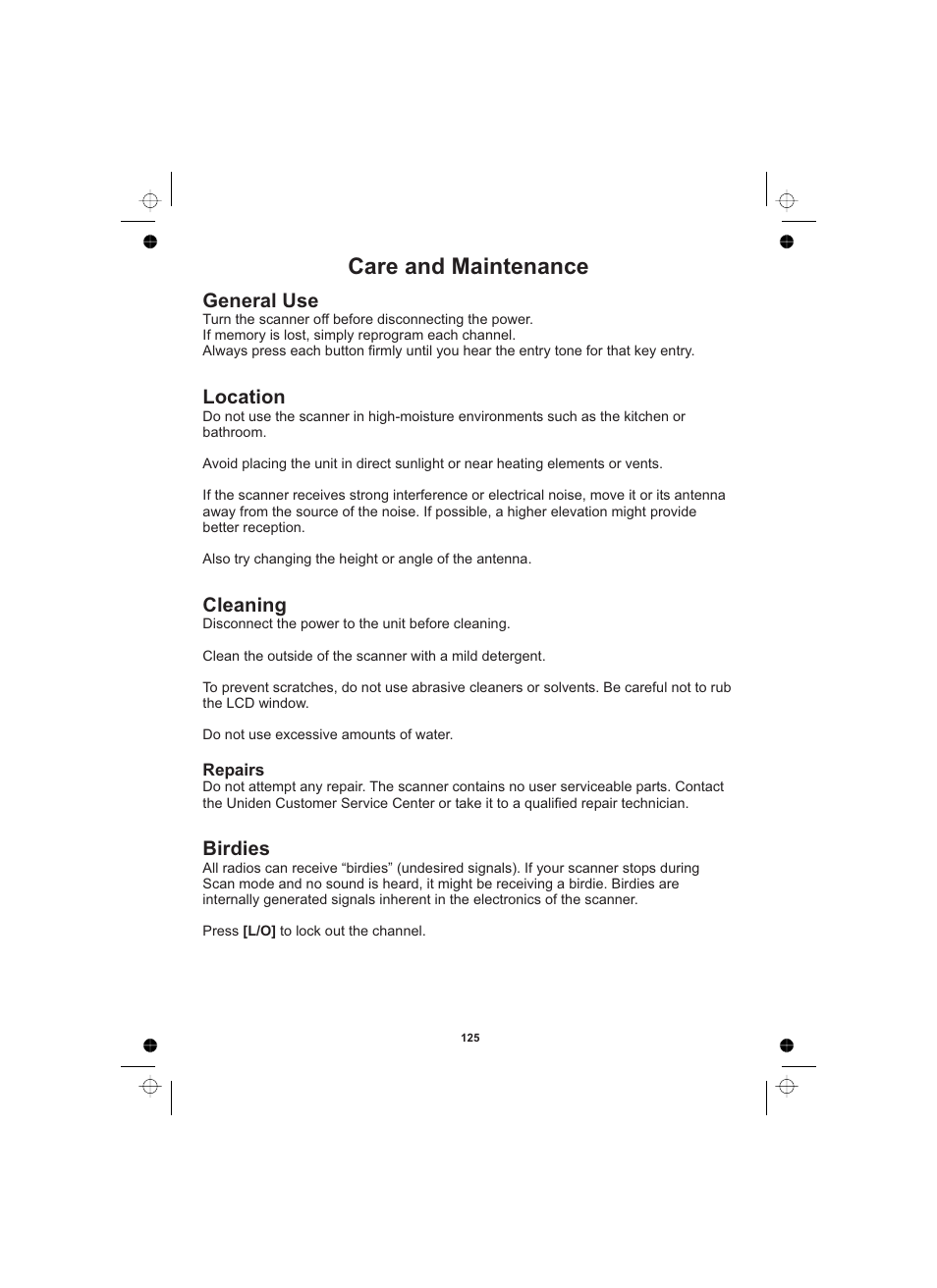 Care and maintenance, General use location cleaning birdies | Uniden UBCD996T User Manual | Page 125 / 176
