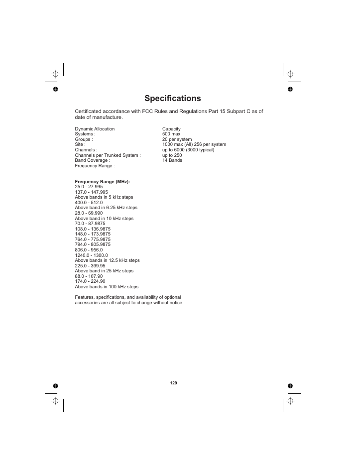 Specifications | Uniden UBCD996T User Manual | Page 129 / 176