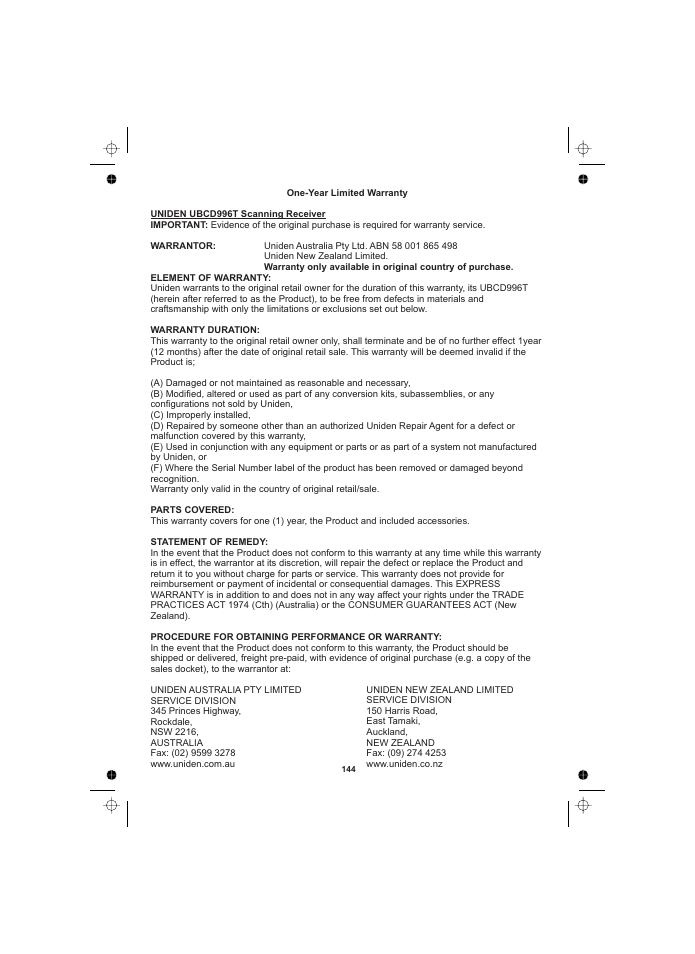 Uniden UBCD996T User Manual | Page 144 / 176