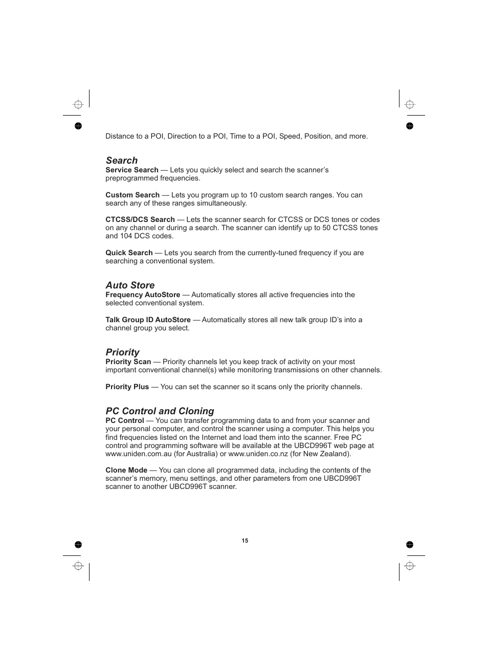 Search auto store priority pc control and cloning | Uniden UBCD996T User Manual | Page 15 / 176