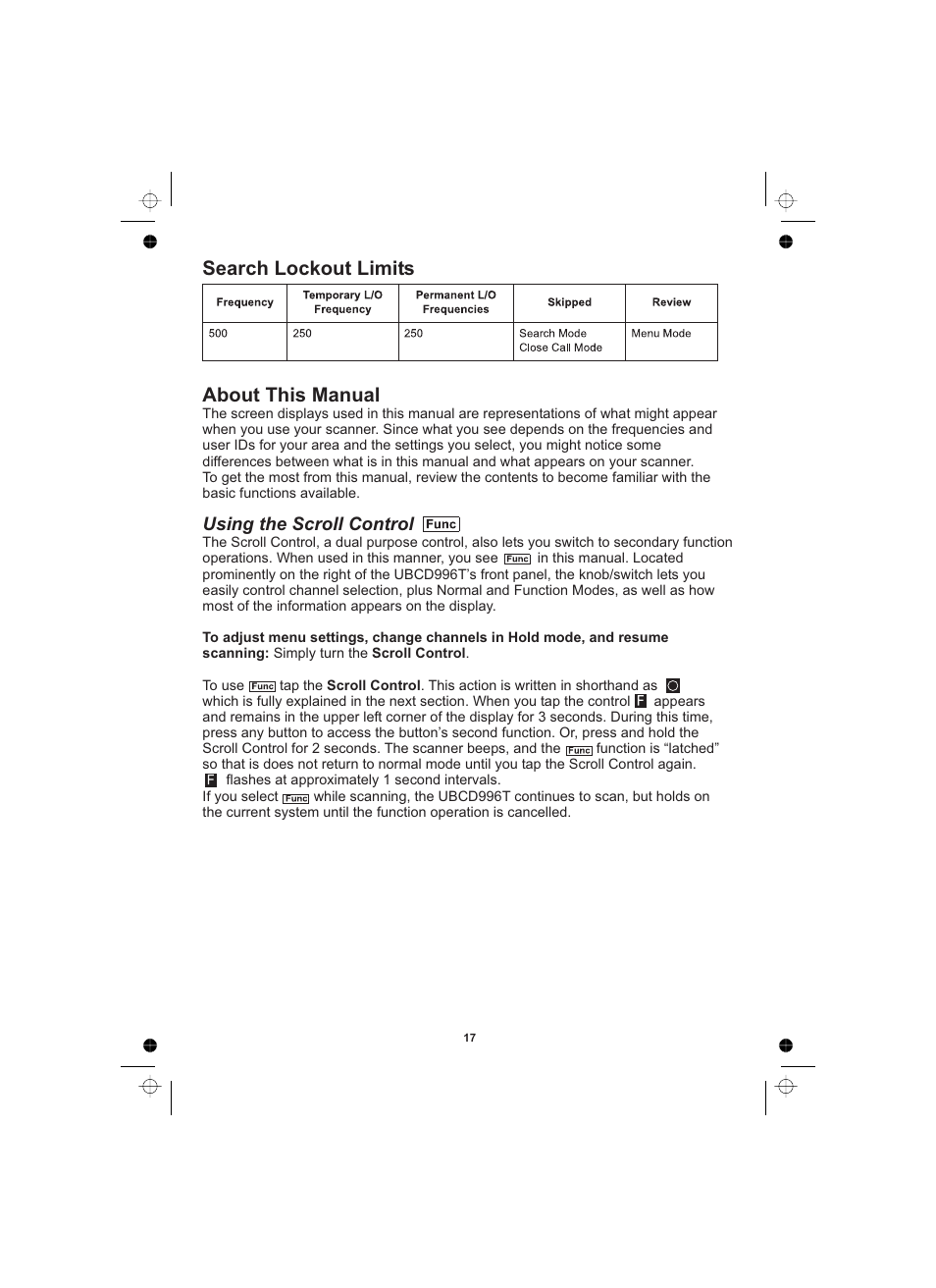 Search lockout limits about this manual, Using the scroll control | Uniden UBCD996T User Manual | Page 17 / 176