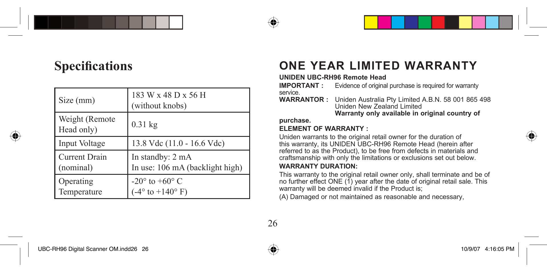Specifi cations, One year limited warranty | Uniden UBCD996T User Manual | Page 174 / 176