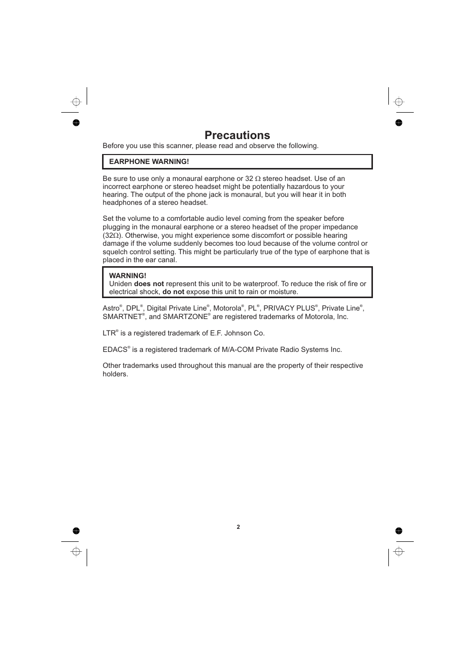 Precautions | Uniden UBCD996T User Manual | Page 2 / 176