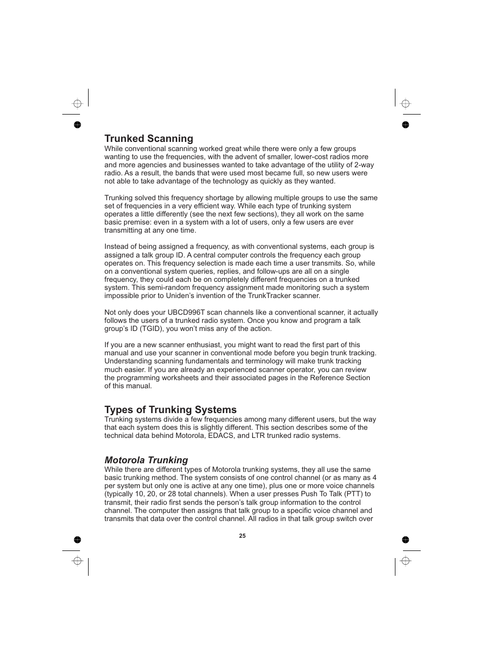 Trunked scanning types of trunking systems, Motorola trunking | Uniden UBCD996T User Manual | Page 25 / 176