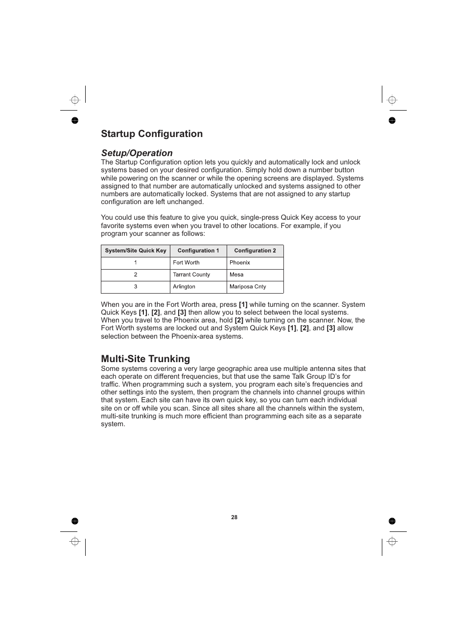 Startup configuration multi-site trunking, Setup/operation | Uniden UBCD996T User Manual | Page 28 / 176