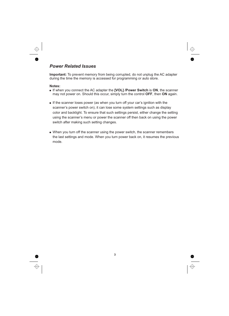 Power related issues | Uniden UBCD996T User Manual | Page 3 / 176