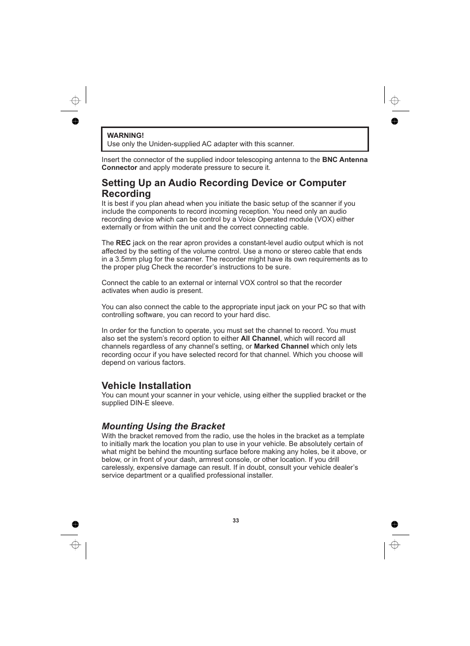 Mounting using the bracket | Uniden UBCD996T User Manual | Page 33 / 176