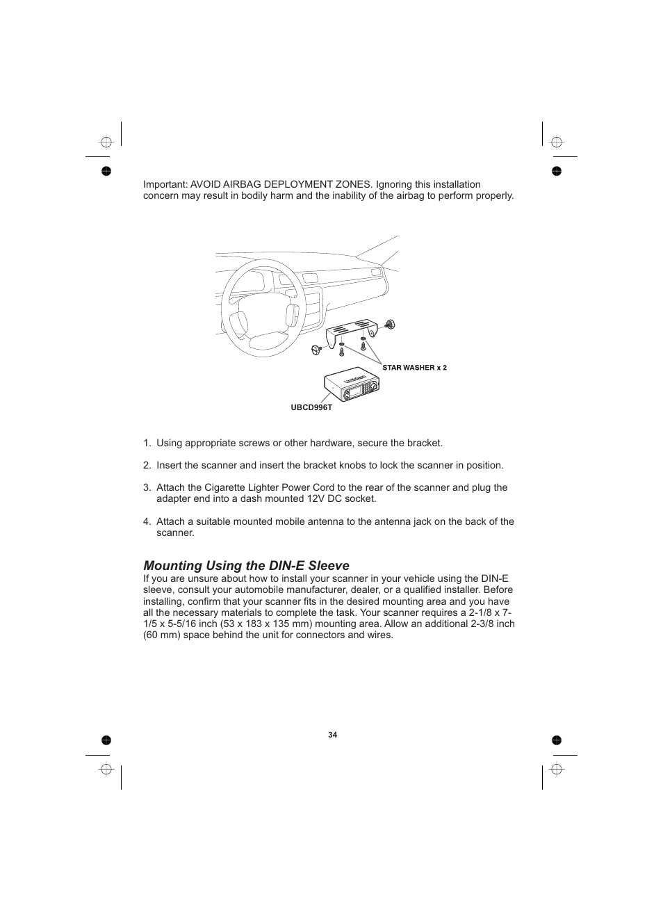 Mounting using the din-e sleeve | Uniden UBCD996T User Manual | Page 34 / 176