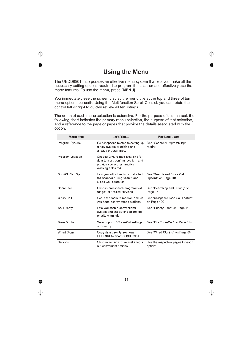 Using the menu | Uniden UBCD996T User Manual | Page 54 / 176