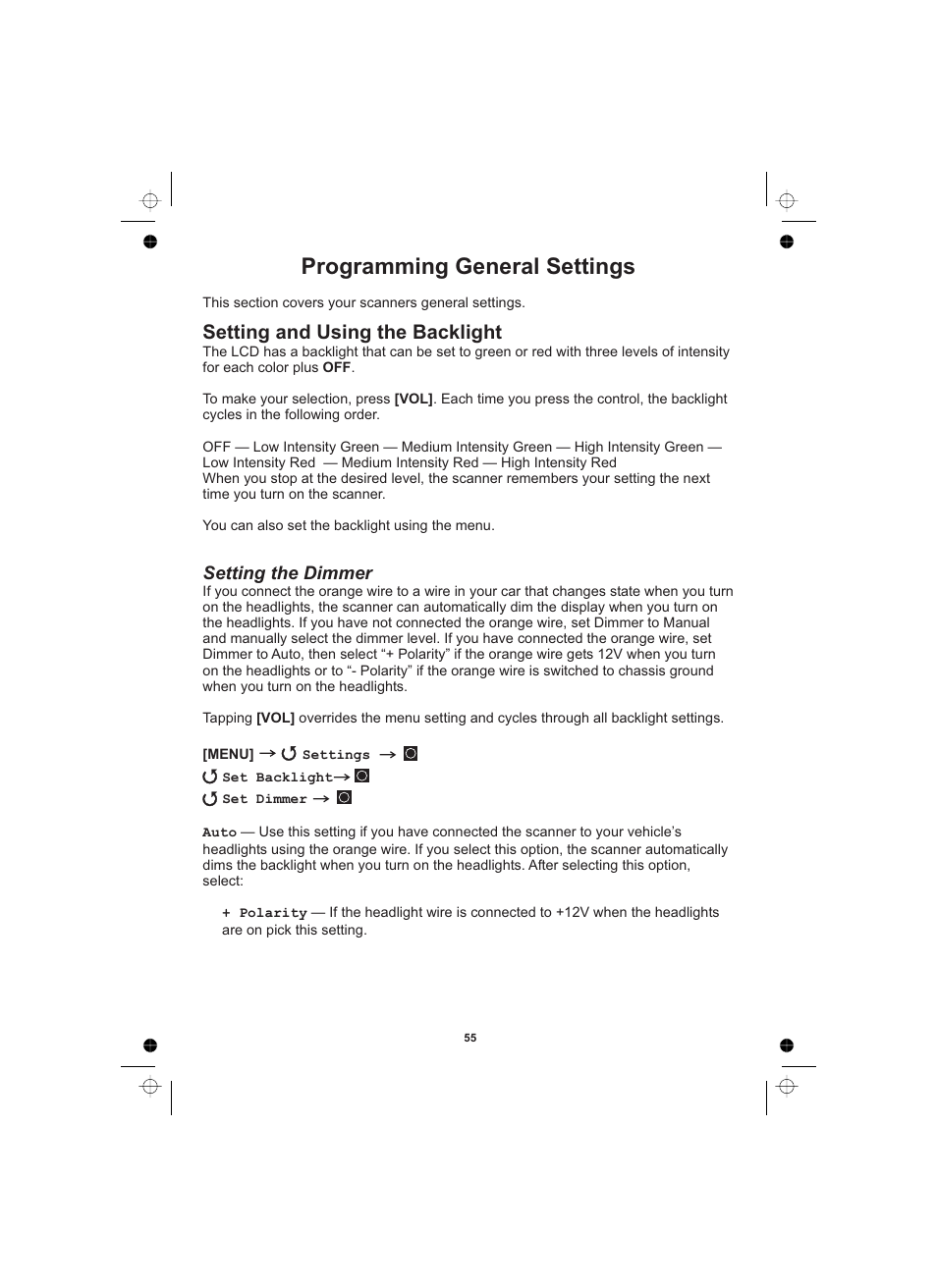 Programming general settings, Setting and using the backlight, Setting the dimmer | Uniden UBCD996T User Manual | Page 55 / 176