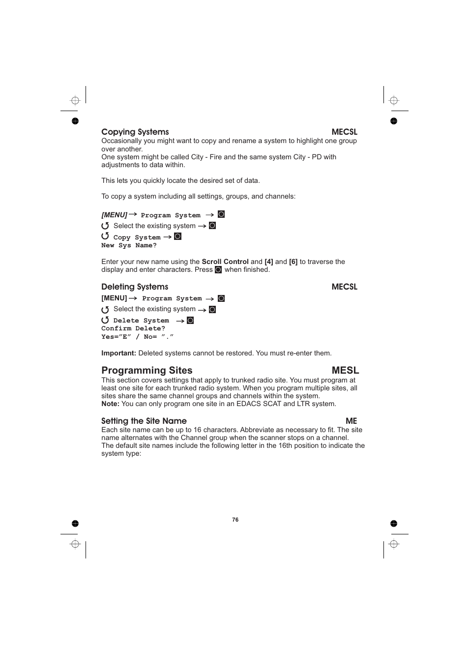 Programming sites mesl | Uniden UBCD996T User Manual | Page 76 / 176