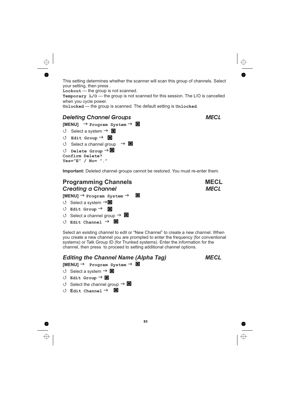 Programming channels mecl | Uniden UBCD996T User Manual | Page 85 / 176