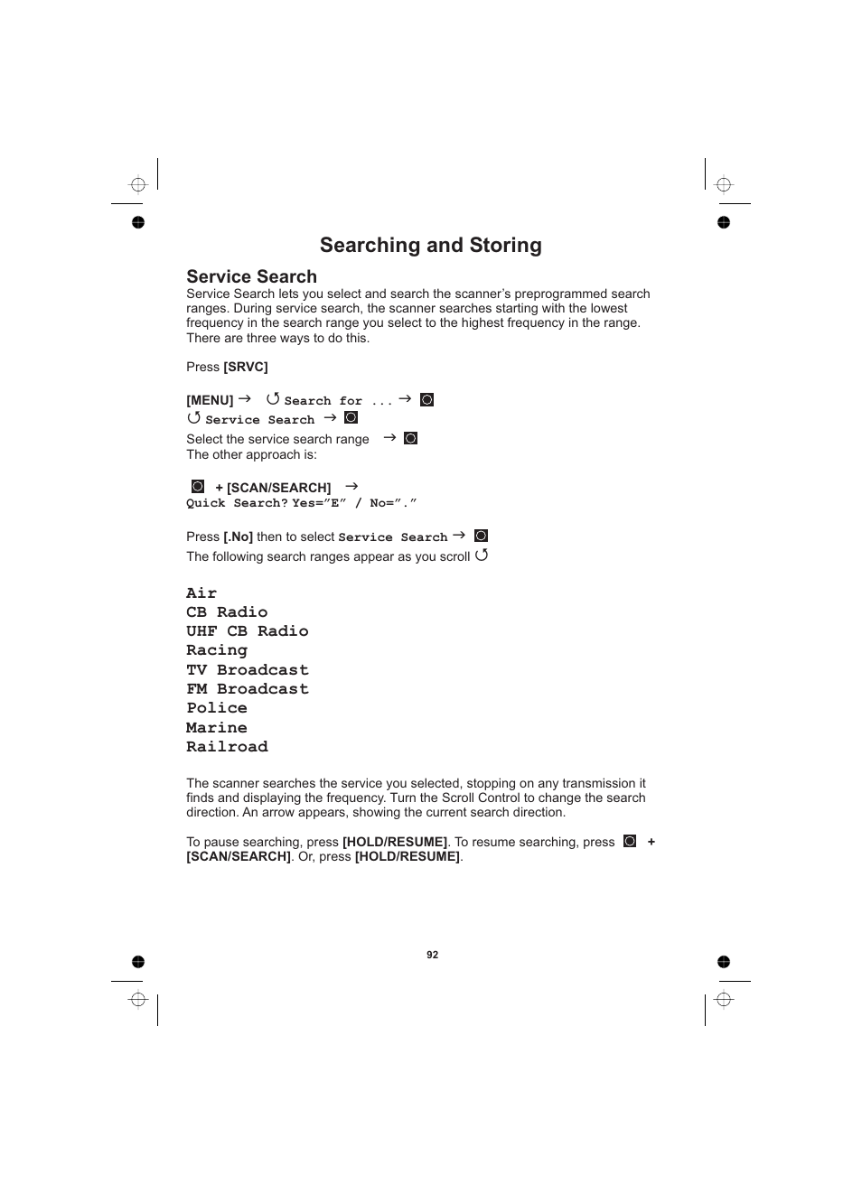 Searching and storing, Service search | Uniden UBCD996T User Manual | Page 92 / 176