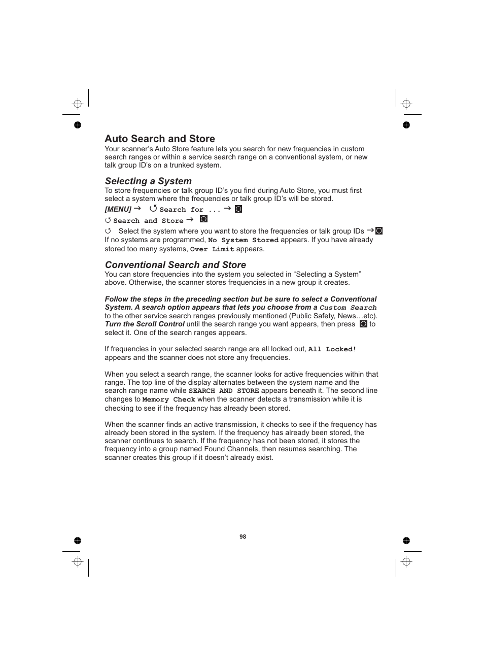 Auto search and store, Selecting a system conventional search and store | Uniden UBCD996T User Manual | Page 98 / 176