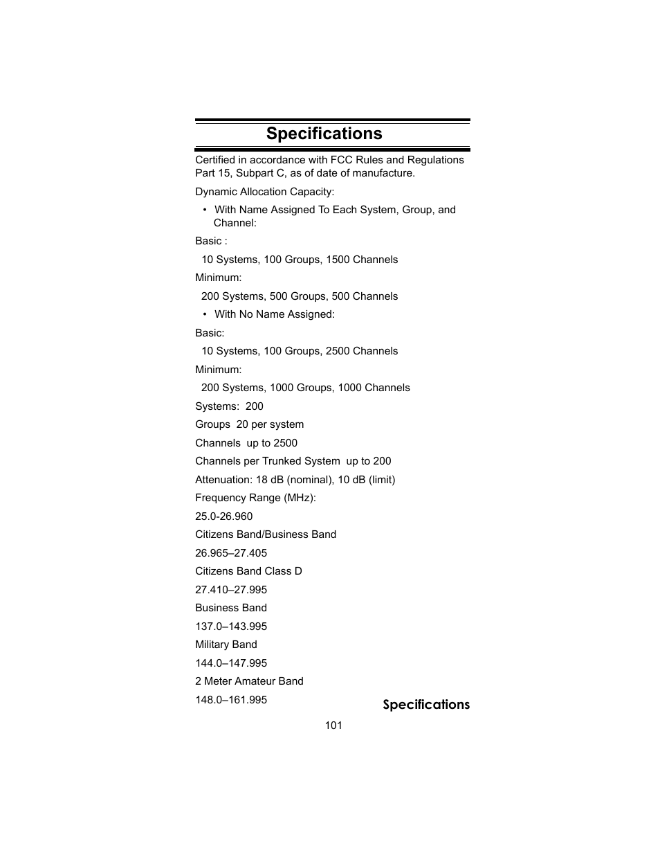 Specifications | Uniden BC246T User Manual | Page 101 / 140