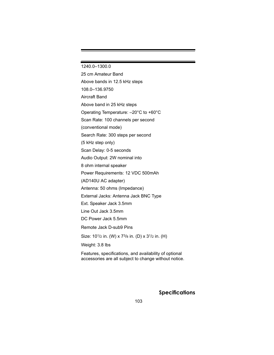 Specifications | Uniden BC246T User Manual | Page 103 / 140