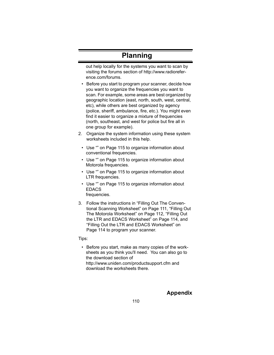 Planning | Uniden BC246T User Manual | Page 110 / 140