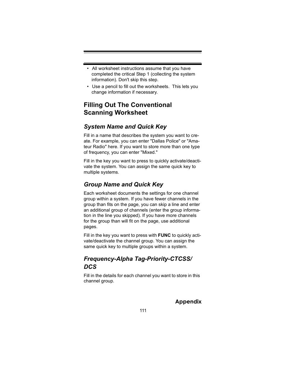 Filling out the conventional scanning worksheet | Uniden BC246T User Manual | Page 111 / 140