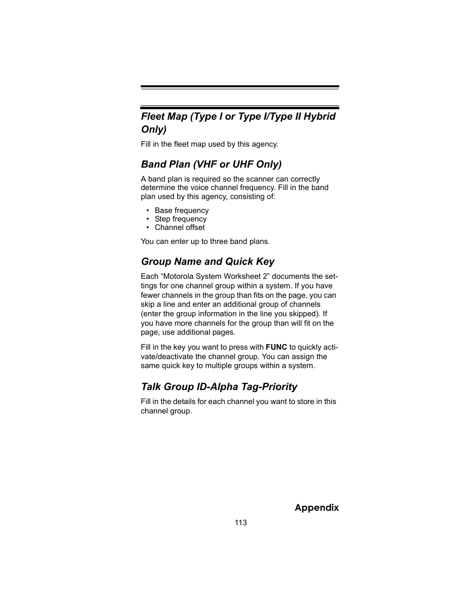 Fleet map (type i or type i/type ii hybrid only), Band plan (vhf or uhf only), Group name and quick key | Talk group id-alpha tag-priority | Uniden BC246T User Manual | Page 113 / 140