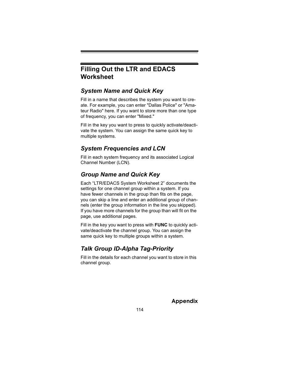 Filling out the ltr and edacs worksheet | Uniden BC246T User Manual | Page 114 / 140