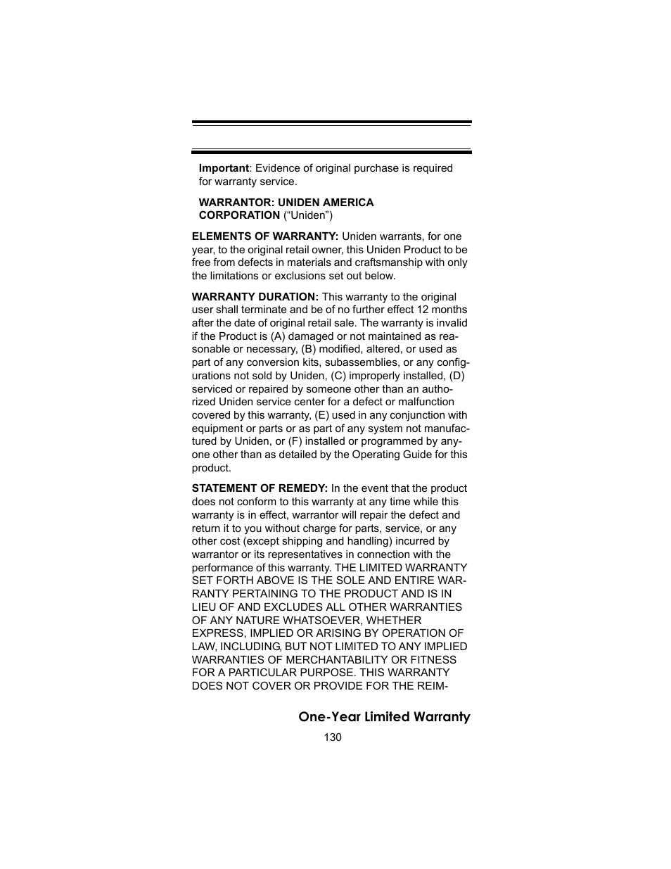 One-year limited war- ranty | Uniden BC246T User Manual | Page 130 / 140