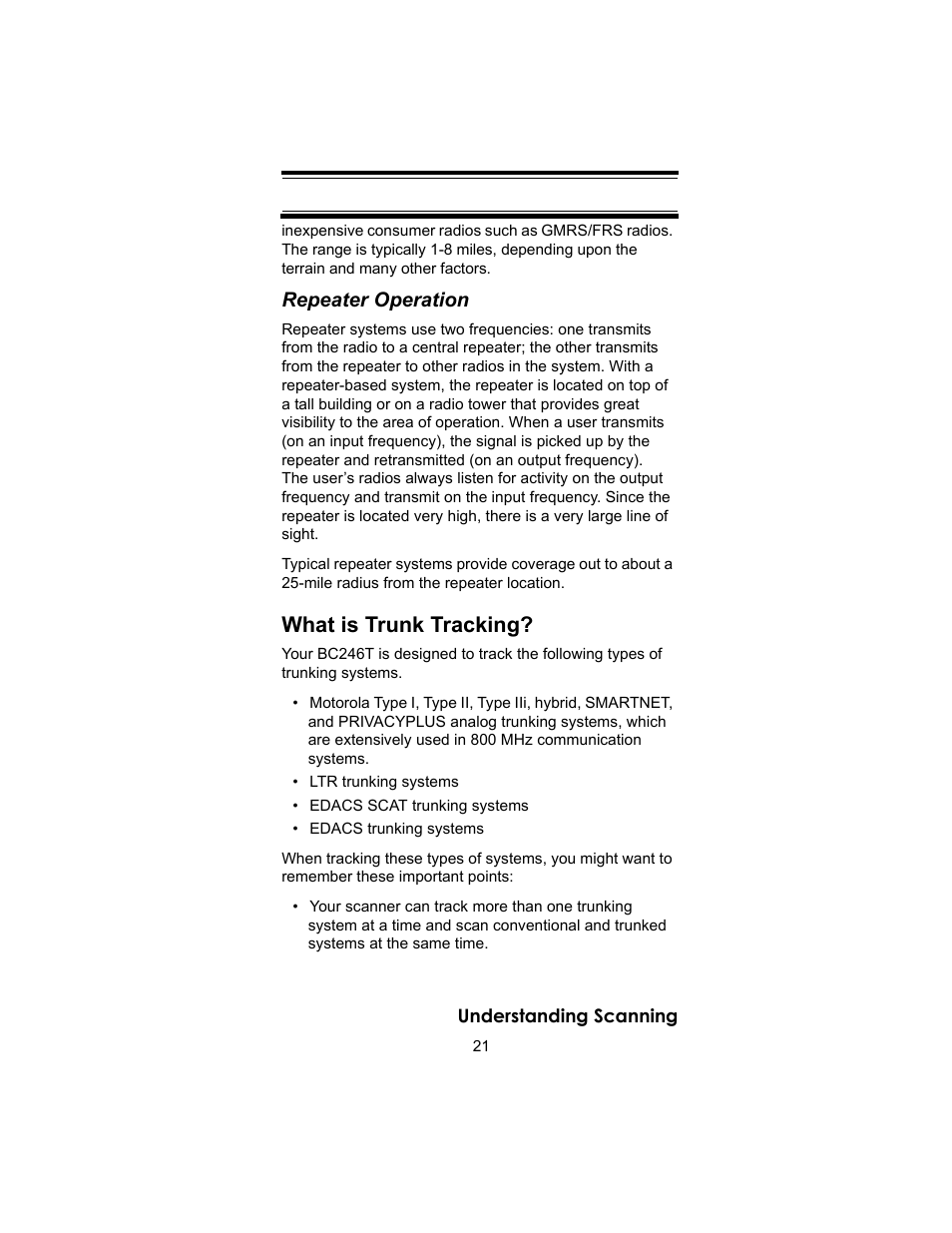 What is trunk tracking, Repeater operation | Uniden BC246T User Manual | Page 21 / 140