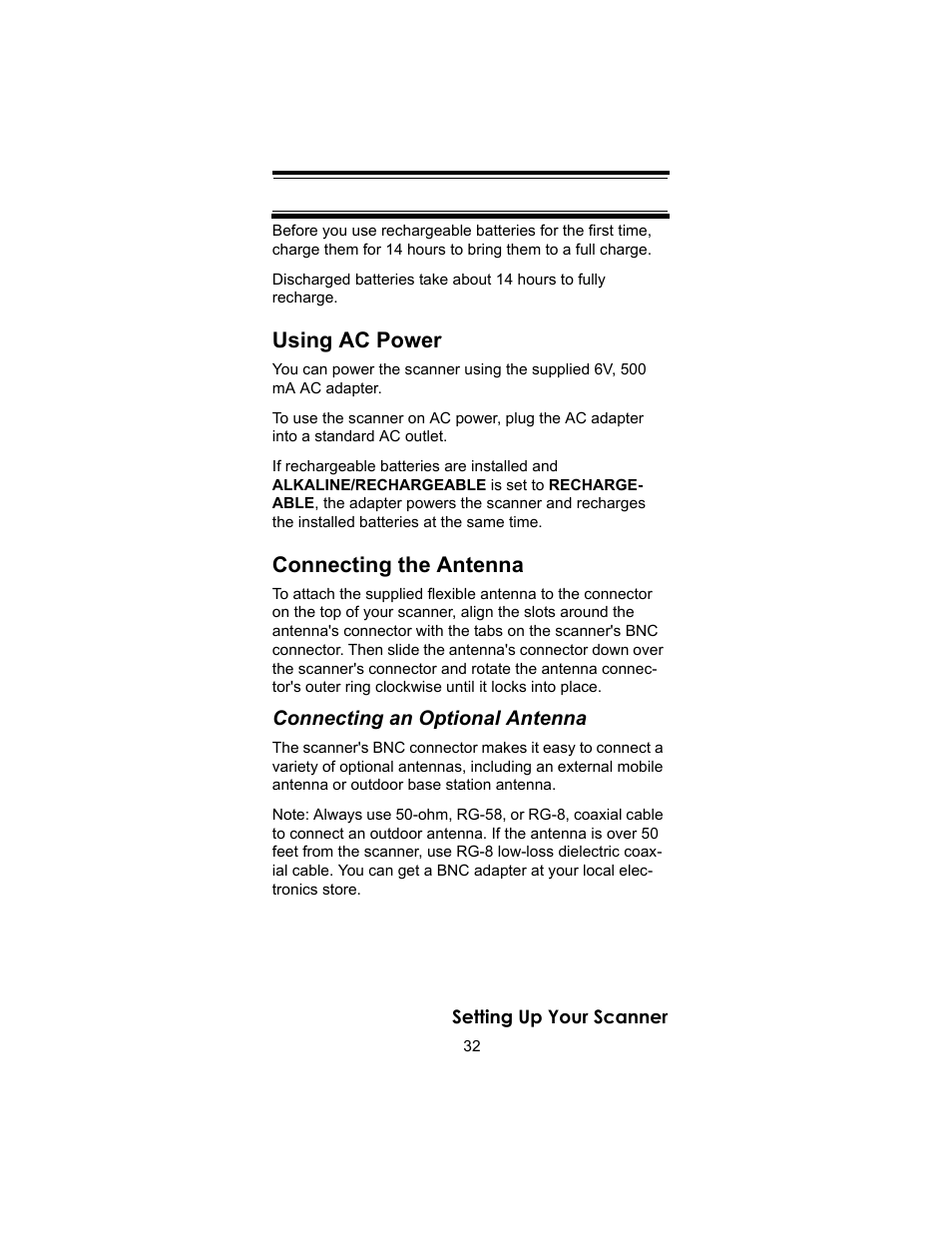 Using ac power, Connecting the antenna, Connecting an optional antenna | Uniden BC246T User Manual | Page 32 / 140