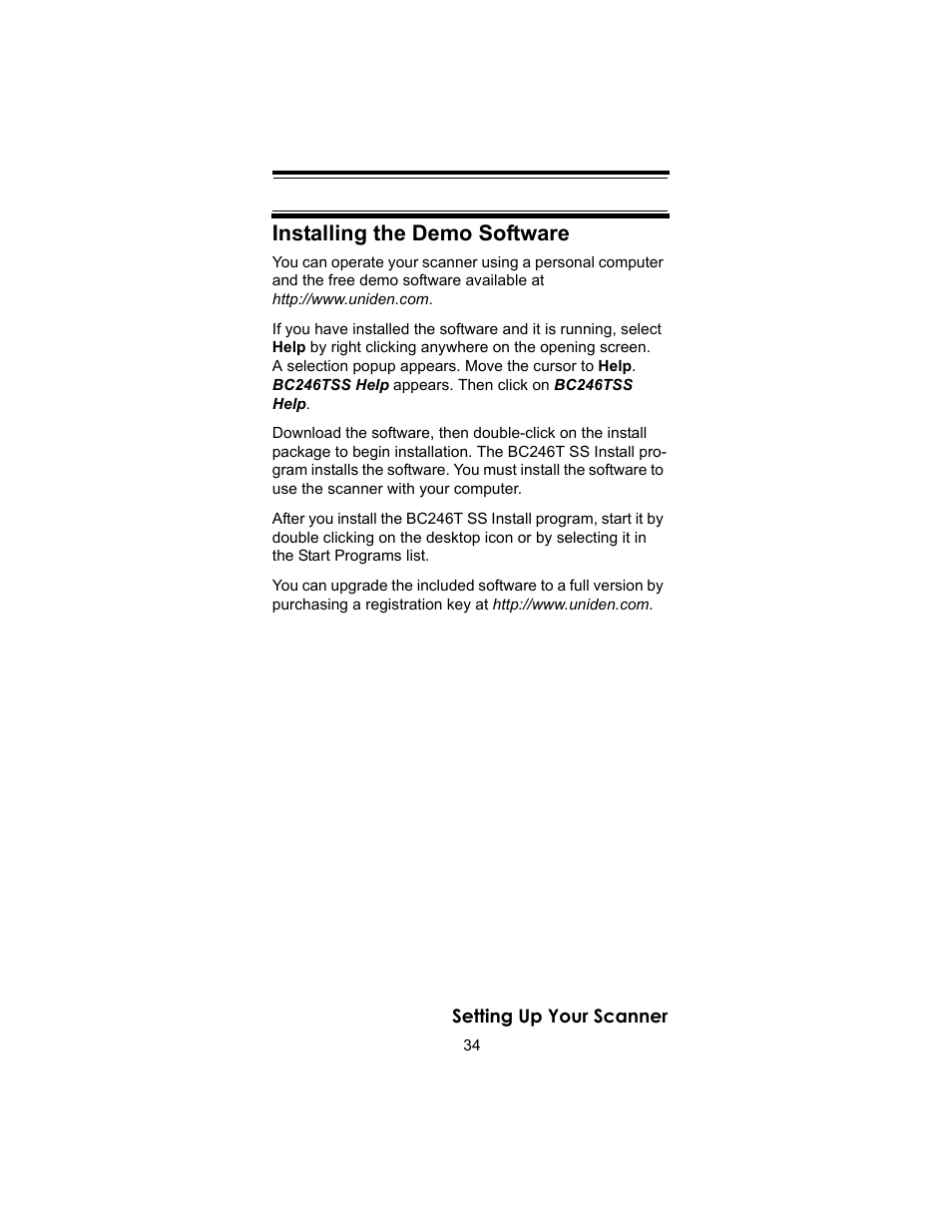Installing the demo software | Uniden BC246T User Manual | Page 34 / 140