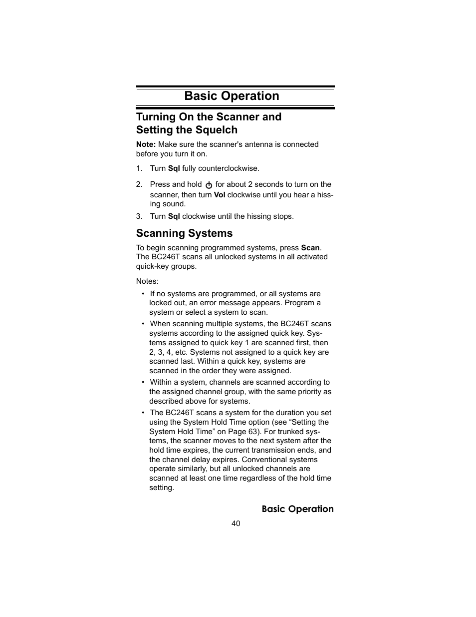 Turning on the scanner and setting the squelch, Scanning systems, Basic operation | Uniden BC246T User Manual | Page 40 / 140