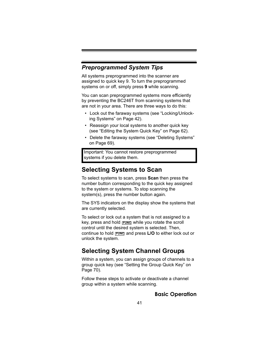 Selecting systems to scan, Selecting system channel groups, Preprogrammed system tips | Uniden BC246T User Manual | Page 41 / 140