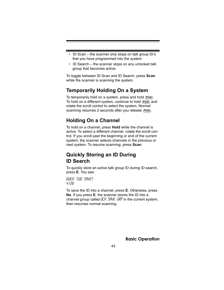 Temporarily holding on a system, Holding on a channel, Quickly storing an id during id search | Uniden BC246T User Manual | Page 43 / 140