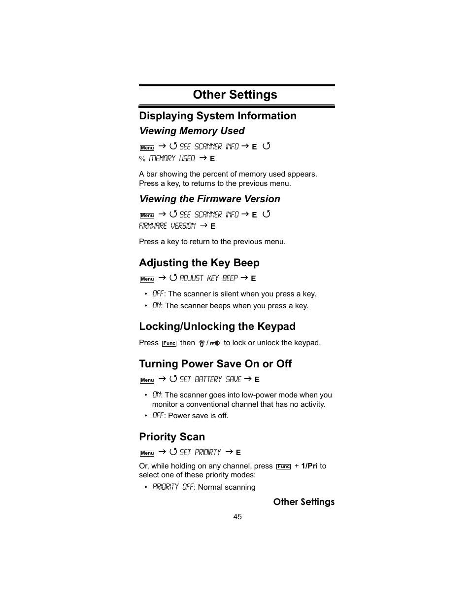 Other settings, Other settings displaying system information, Adjusting the key beep | Locking/unlocking the keypad, Turning power save on or off, Priority scan, Viewing the firmware version | Uniden BC246T User Manual | Page 45 / 140