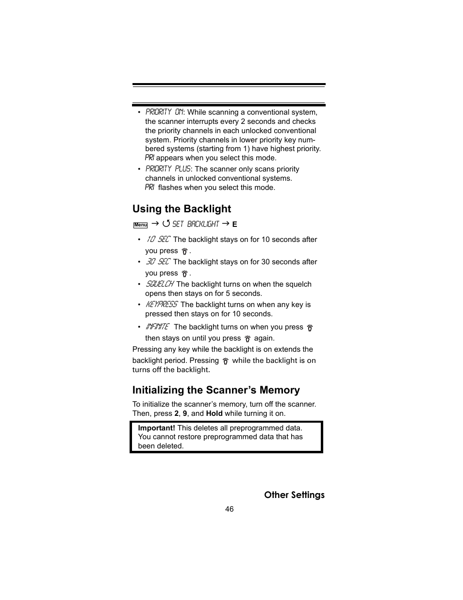 Other settings using the backlight | Uniden BC246T User Manual | Page 46 / 140