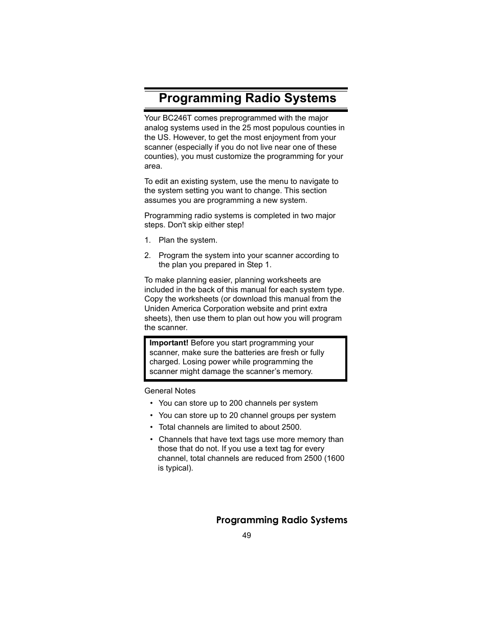 Programming radio systems | Uniden BC246T User Manual | Page 49 / 140