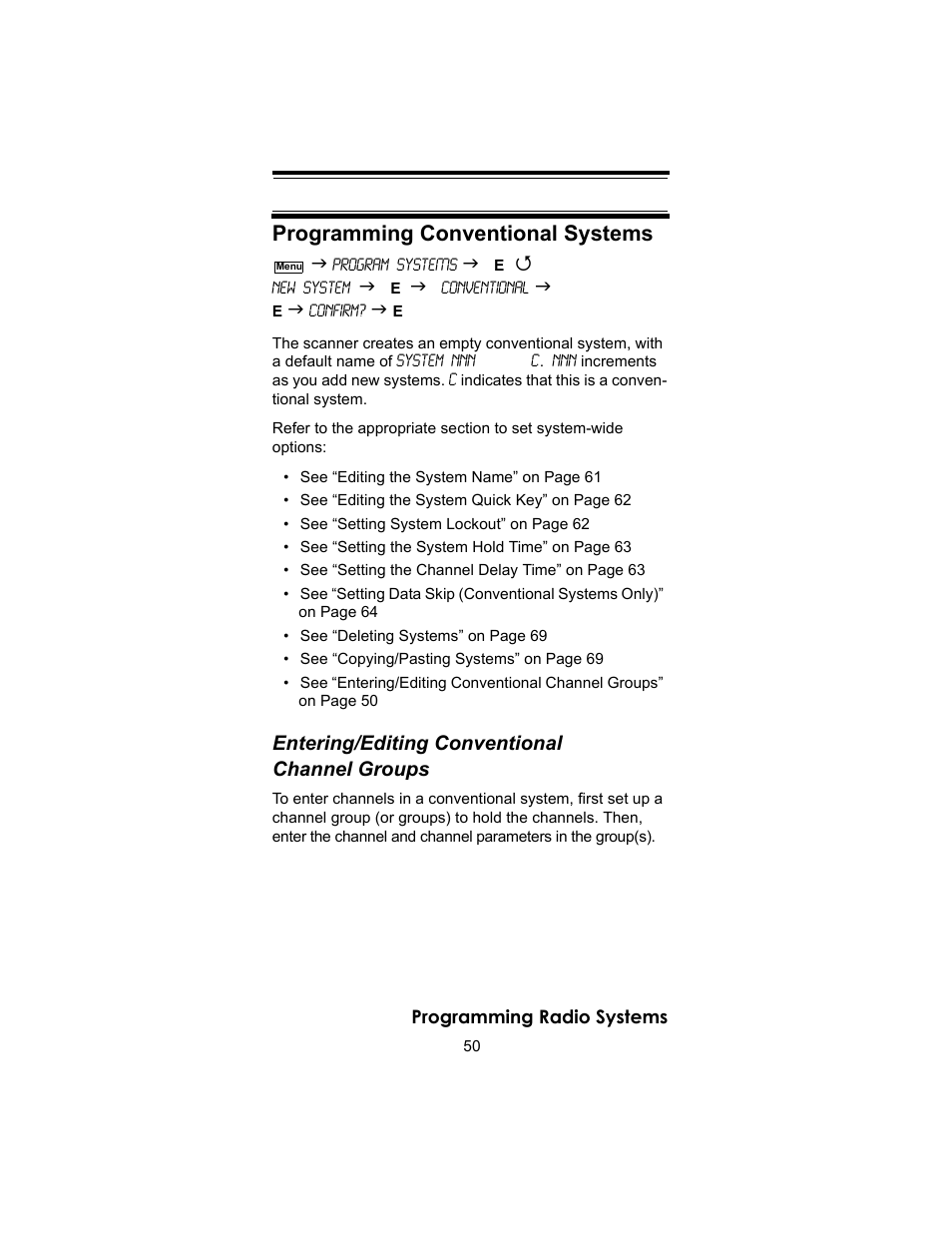Programming conventional systems, Entering/editing conventional channel groups | Uniden BC246T User Manual | Page 50 / 140
