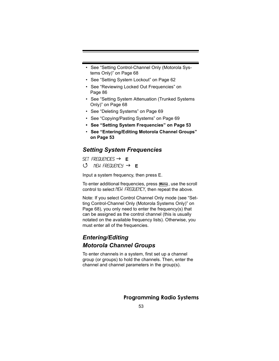 Setting system frequencies, Entering/editing motorola channel groups | Uniden BC246T User Manual | Page 53 / 140