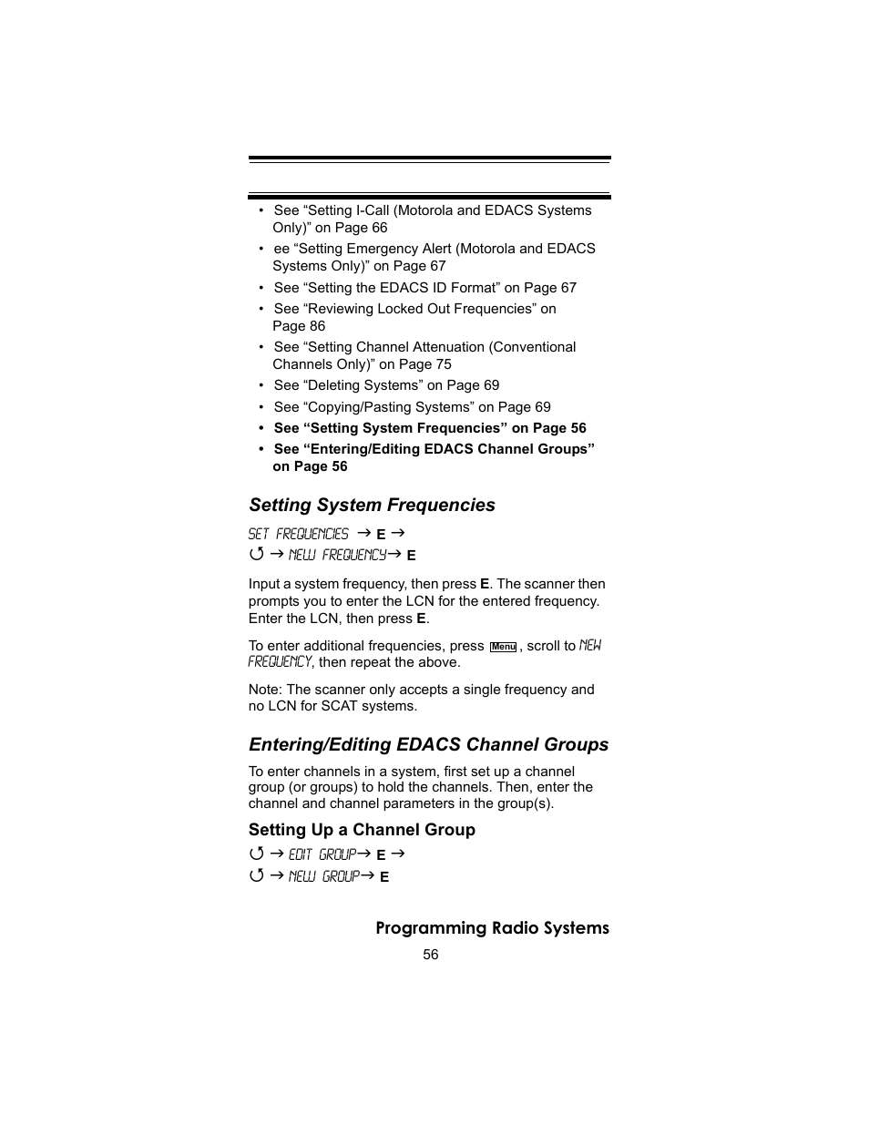 Setting system frequencies, Entering/editing edacs channel groups | Uniden BC246T User Manual | Page 56 / 140