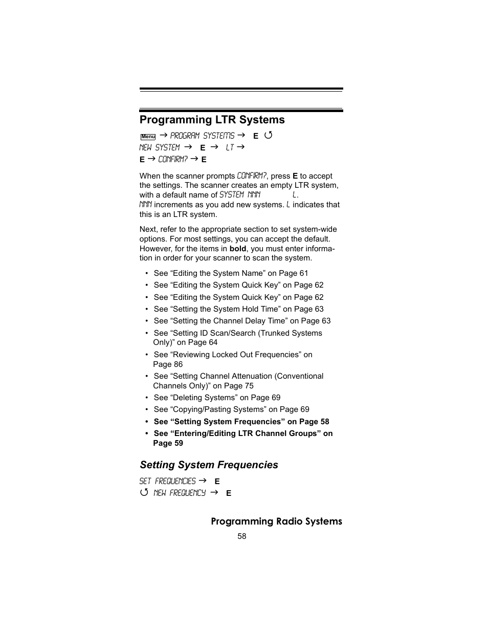 Programming ltr systems, Setting system frequencies | Uniden BC246T User Manual | Page 58 / 140