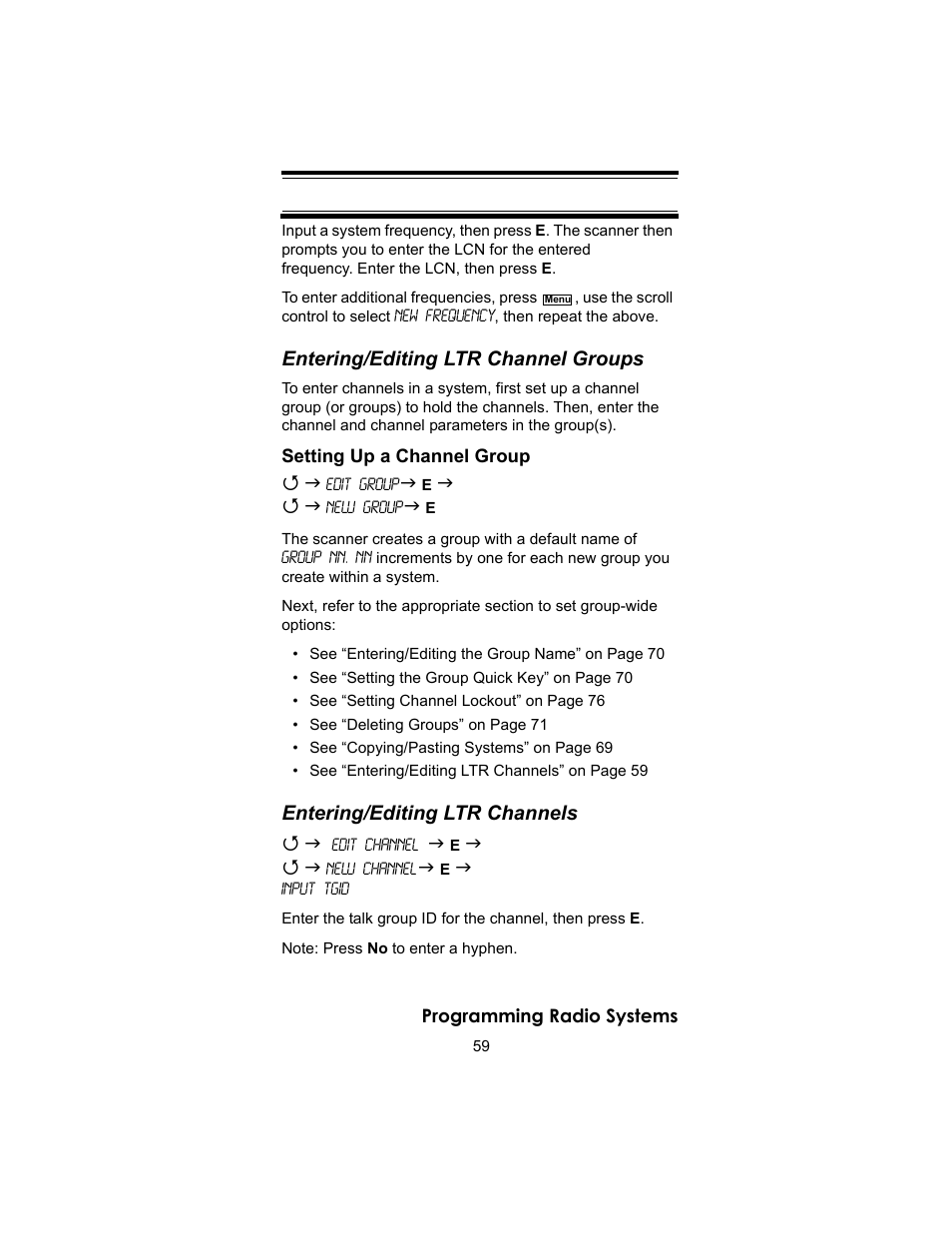 Entering/editing ltr channel groups, Entering/editing ltr channels | Uniden BC246T User Manual | Page 59 / 140
