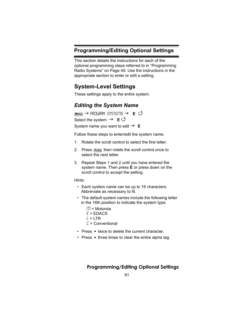 System-level settings, Programming/editing optional settings, Editing the system name | Uniden BC246T User Manual | Page 61 / 140