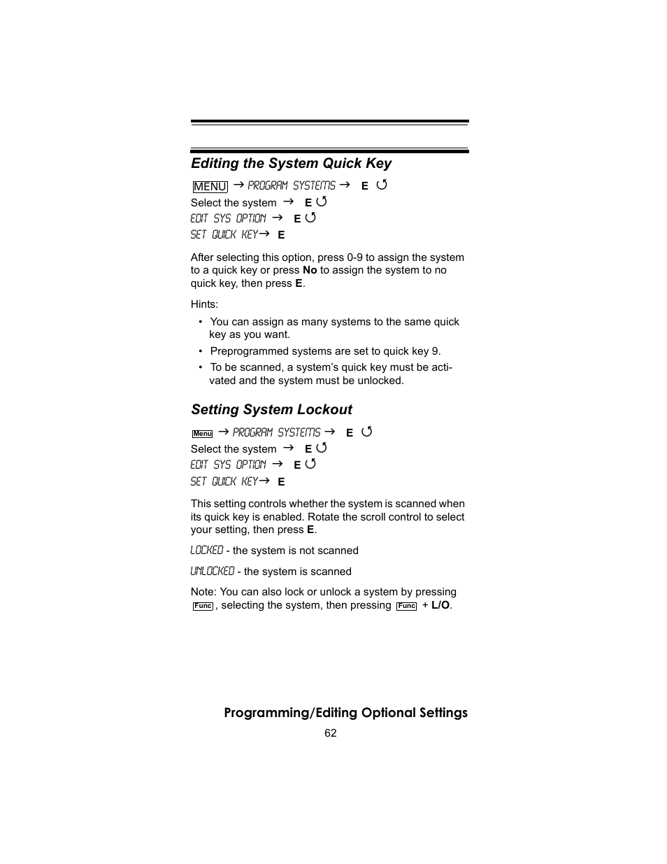 Editing the system quick key, Setting system lockout | Uniden BC246T User Manual | Page 62 / 140