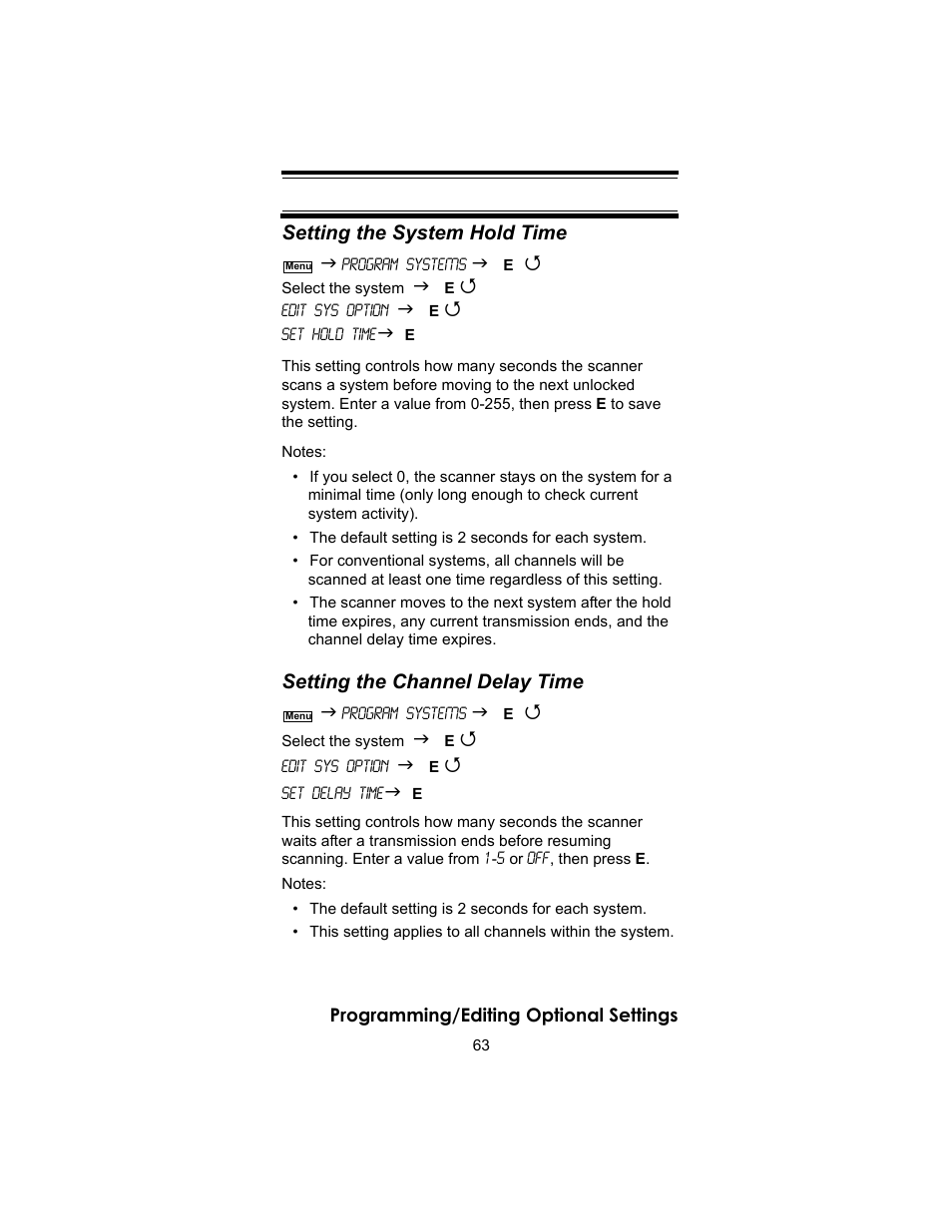Setting the system hold time, Setting the channel delay time | Uniden BC246T User Manual | Page 63 / 140