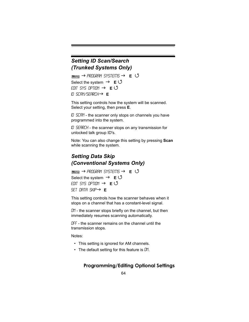 Setting id scan/search (trunked systems only), Setting data skip (conventional systems only) | Uniden BC246T User Manual | Page 64 / 140