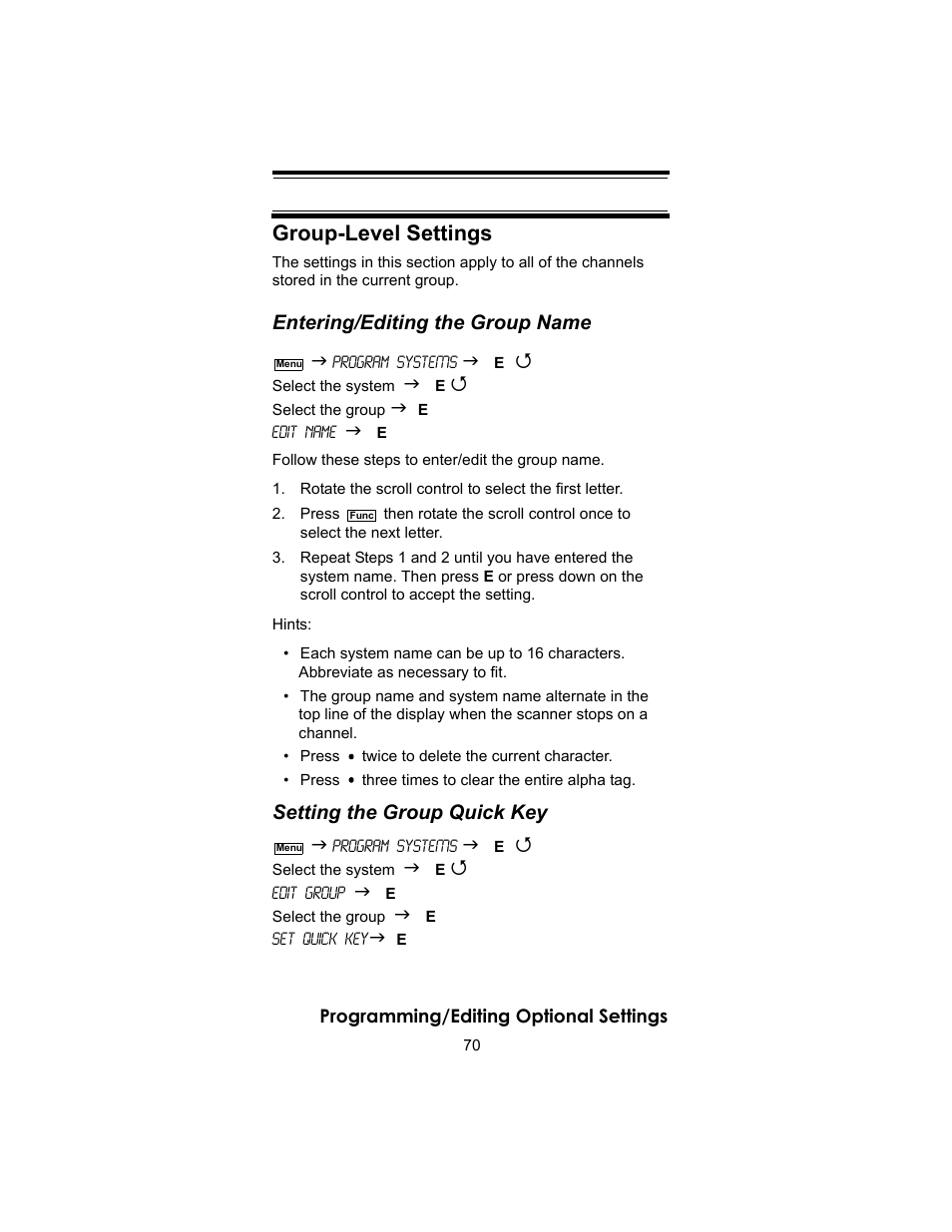 Group-level settings, Entering/editing the group name, Setting the group quick key | Uniden BC246T User Manual | Page 70 / 140