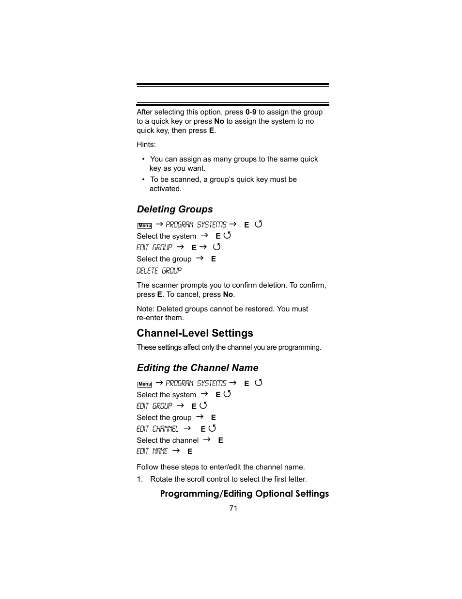Channel-level settings, Deleting groups, Editing the channel name | Uniden BC246T User Manual | Page 71 / 140